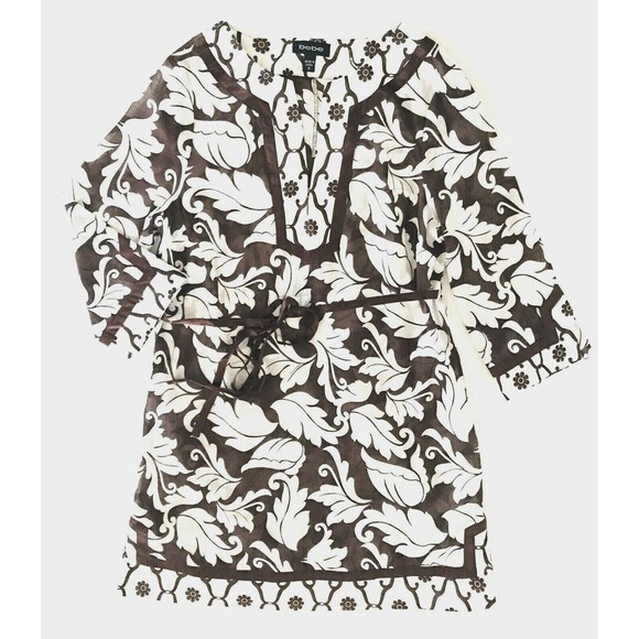 Bebe | Floral V-neck Tunic Size S Brown Silk Cotton Side Split Pullover Shirt - Picture 1 of 9